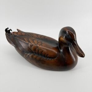 Duck Figurine Brown Solid Wood Hand Carved Decoy